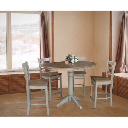 International Concepts Round 36 in Rd Extension Dining Table, 4 Emily Counter Ht Stools, Hickory/Stone, 36 W, 48 L, Wood K41-36RXT-27B-S6172-4